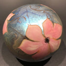 Signed Vandermark Art Glass Paperweight Pink Iridescent Flowers on Blue