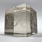 Rare Antique Bohemian Art Glass Paperweight Hand etched Clear Cube