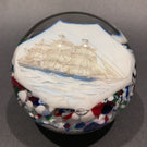 Vintage American Thomas Mosser Art Glass Paperweight Encased Pirate Ship Plaque