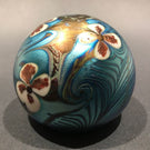 Early 1976 Orient Flume Art Glass Paperweight Iridescent Blue Floral Design