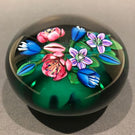 Signed Ken Rosenfeld Art Glass Paperweight Lampworked Floral Bouquet on Green