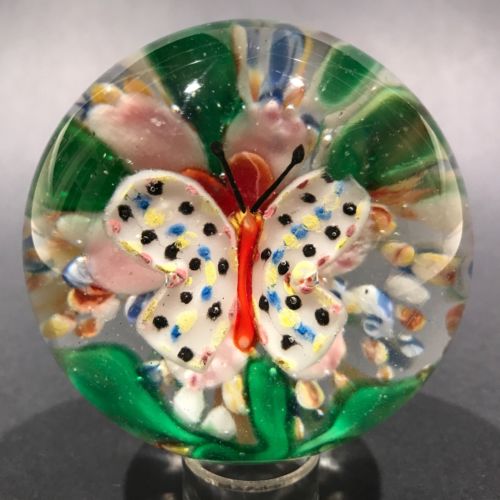 Old Chinese Lampwork Art Glass Paperweight Hovering Butterfly at Pink Flower
