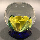 Signed Robert Mason Pairpoint Footed Yellow Crimp Rose Art Glass Paperweight