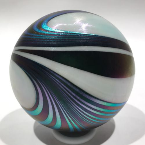 Signed David Lotton Art Glass Paperweight Iridescent Blue Wave Design