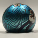 Early 1976 Orient Flume Art Glass Paperweight Iridescent Blue Floral Design
