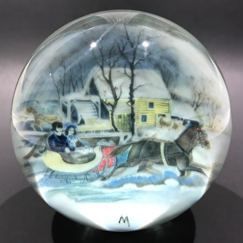 Vintage Tom Mosser Art Glass Paperweight Currier & Ives Encased Printed Plaque