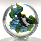 Signed Rick Ayotte Lampwork Art Glass Paperweight Bird with Blue Flowers