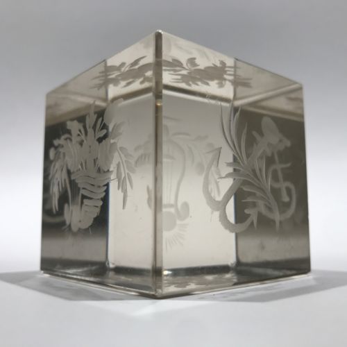 Rare Antique Bohemian Art Glass Paperweight Hand etched Clear Cube
