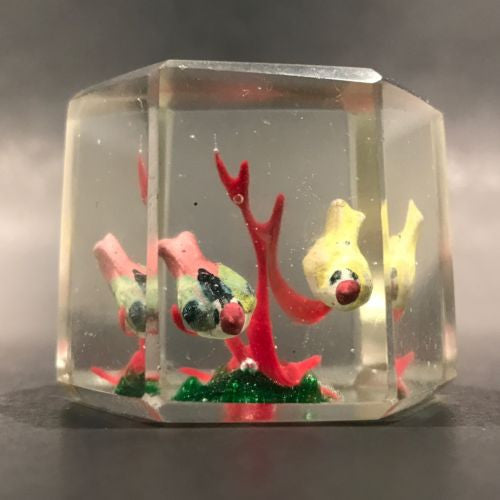 Vintage Chinese Art Glass Paperweight Painted Sulphide Birds in a Tree