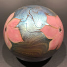 Signed Vandermark Art Glass Paperweight Pink Iridescent Flowers on Blue