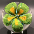 Vintage Murano Art Glass Paperweight Green & Yellow Millefiori Petal Flower