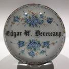 Huge Antique Millville Art Glass Paperweight Hand Painted Floral Name Plaque