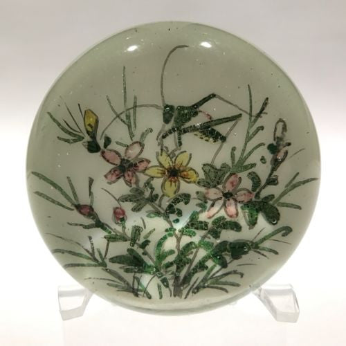 Early Chinese Art Glass Paperweight Hand Painted Cricket on White Ground
