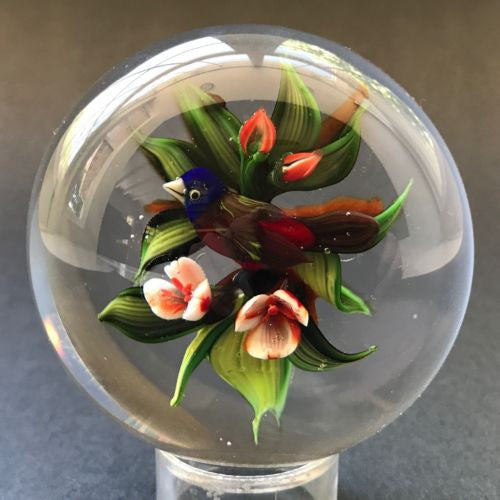 Signed Rick Ayotte Lampwork Art Glass Paperweight Bird with Flowers