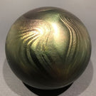 Signed David Lotton Art Glass Paperweight Dark Iridescent Pulled Feather Design