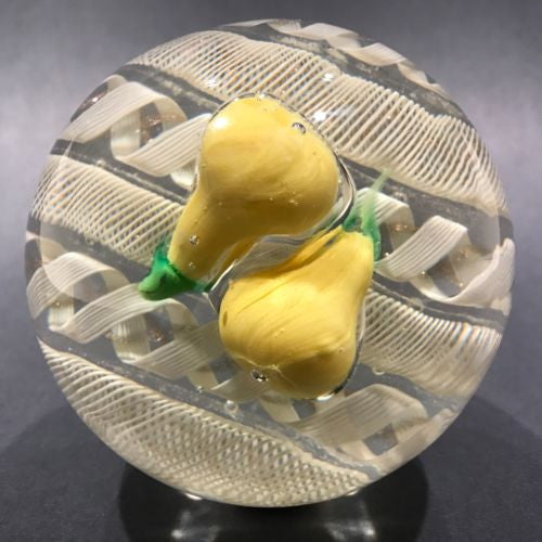 Vintage Murano Art Glass Paperweight Lampworked Pears on Parallel Latticino