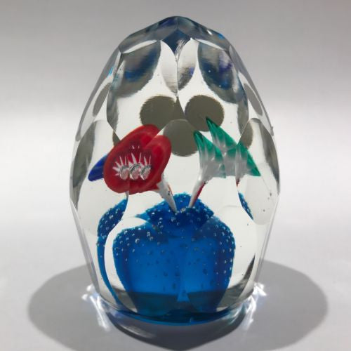 Vintage Murano Faceted Art Glass Paperweight Icepick Millefiori Flowers on Blue