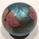 Signed Vandermark Art Glass Paperweight Pink Iridescent Flowers on Blue