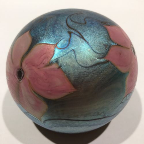 Signed Vandermark Art Glass Paperweight Pink Iridescent Flowers on Blue