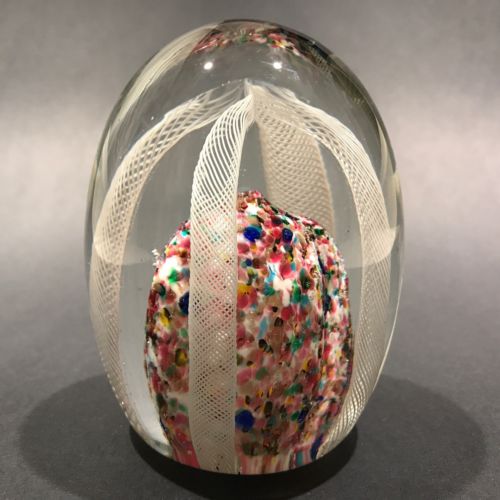 Vintage Murano Art Glass Egg Shaped Paperweight Latticino Streamer Crown