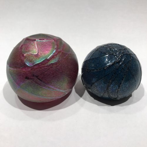 2 OBG Ornamental Blown Glass Art Glass Paperweights Surface Decorated Threading