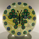 Rare Vintage Gentile Art Glass Paperweight Millefiori Green Butterfly on Yellow