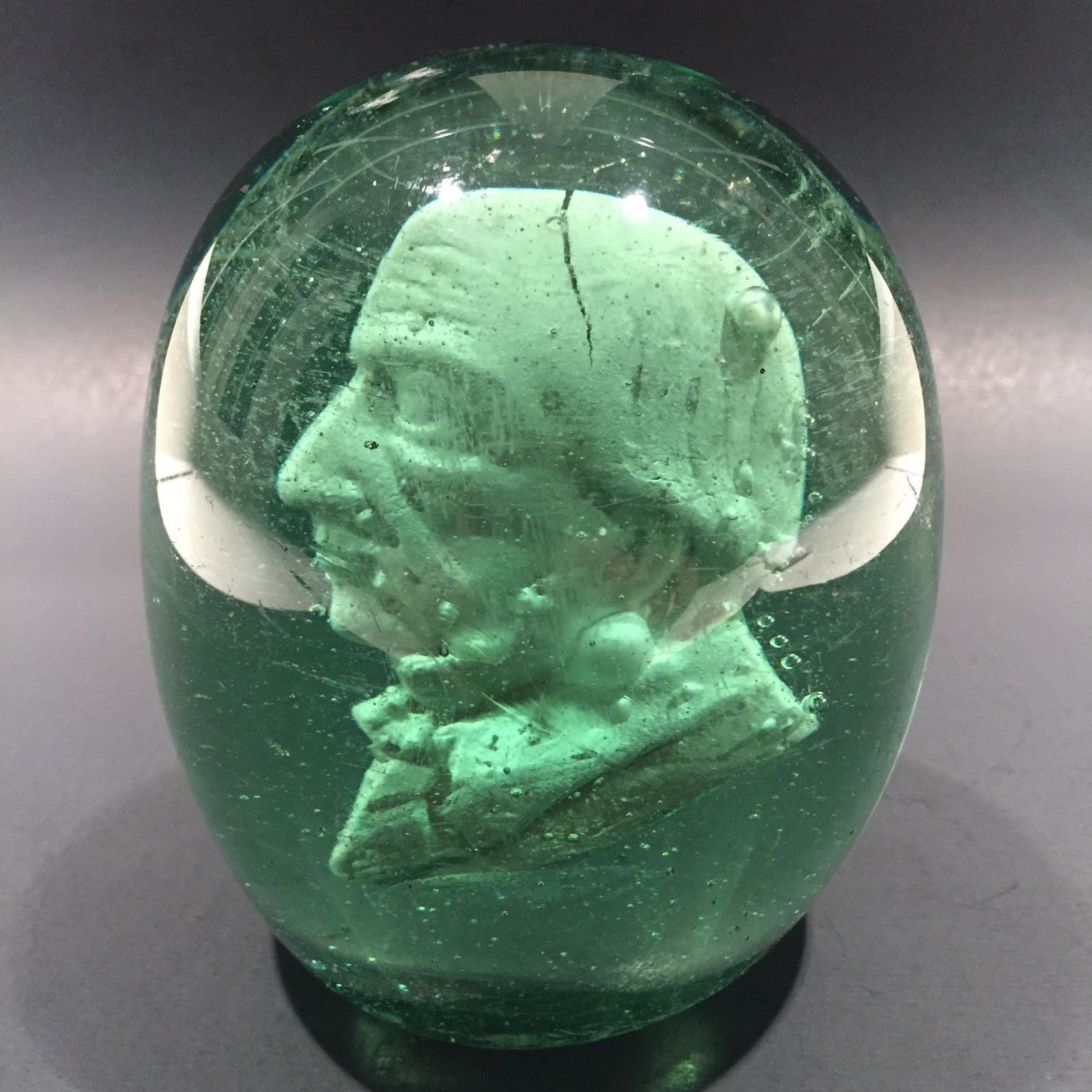 Large Antique English Dump Glass Sulphide Paperweight Disaeli or Gladstone Bust