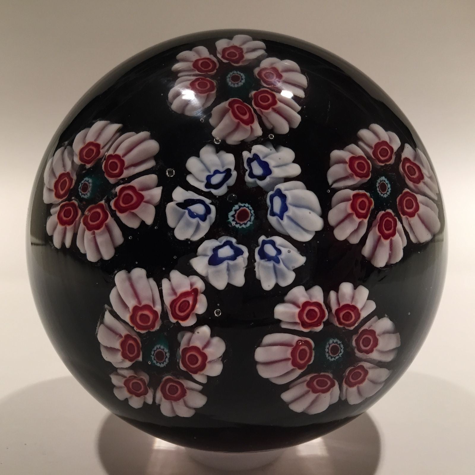 Large Vintage Murano Art Glass Paperweight Millefiori on Black with Pink Torsade