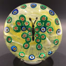 Rare Vintage Gentile Art Glass Paperweight Millefiori Green Butterfly on Yellow