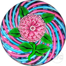 John Deacons Glass Art Paperweight Flamework Pink Pompom Flower on Pink & Blue Swirl