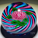 John Deacons Glass Art Paperweight Flamework Pink Pompom Flower on Pink & Blue Swirl