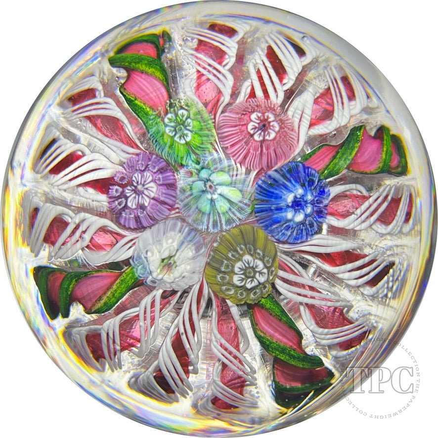 Tomasz Gondek 2022 Glass Art Paperweight White, Pink and Green Aventurine Millefiori Crown