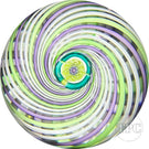 John Deacons Glass Art Paperweight Green, Purple & White Swirl with Central Rose Cane Millefiori