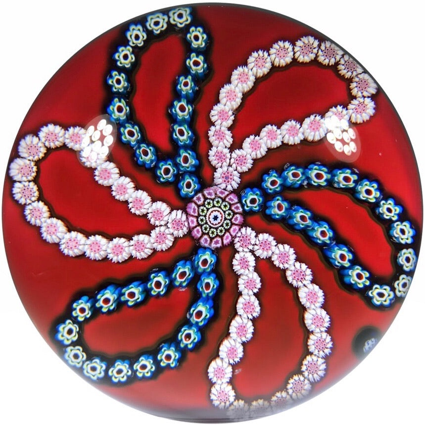 Vintage Saint-Louis Art Glass Paperweight Patterned Complex Millefiori on Red Ground