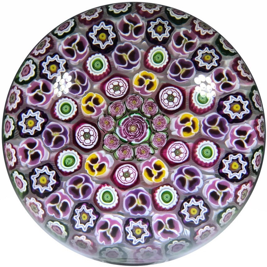 Signed Parabelle Art Glass Paperweight Concentric Millefiori Roses & Pansies