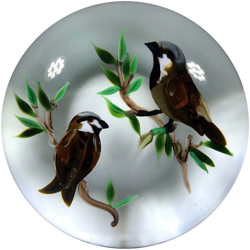 Limited Edition Rick Ayotte Art Glass Paperweight Lampwork House Sparrows