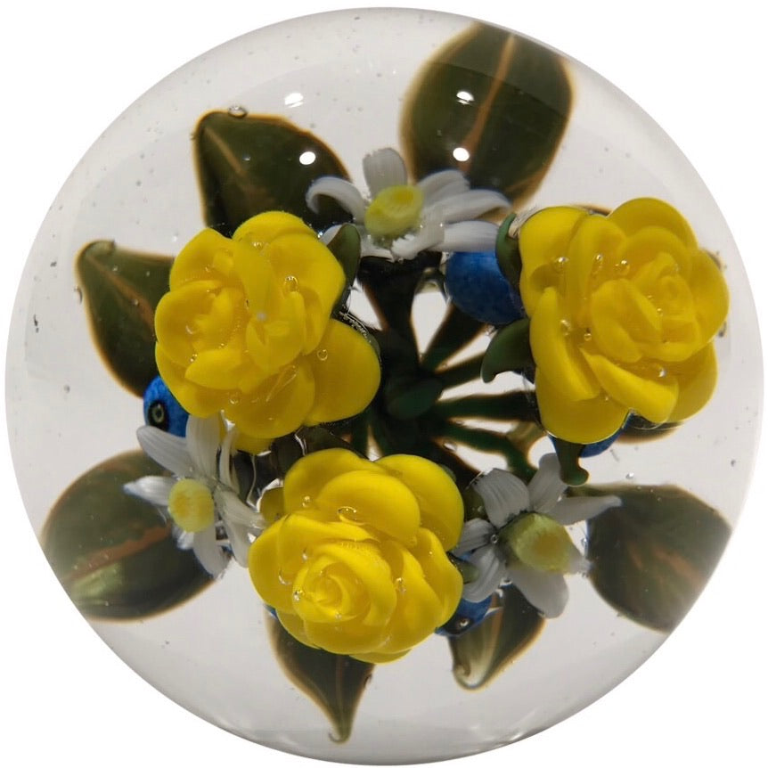 Katsumi Sakakibara Art Glass Paperweight Lampwork Yellow Roses & Blueberries