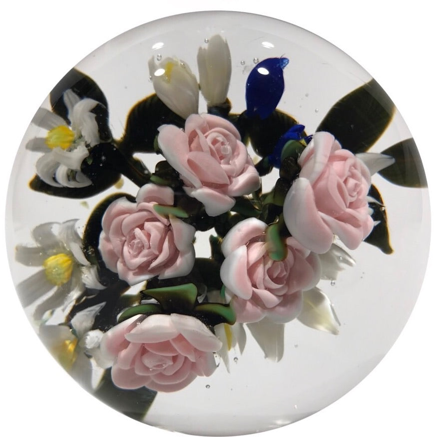Large Katsumi Sakakibara Art Glass Paperweight Lampwork Pink Rose Bouquet