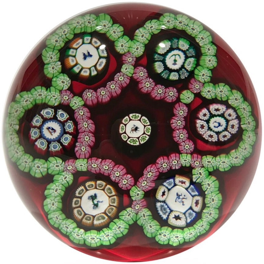 Perthshire Art Glass Paperweight Millefiori Garland Animal Murrine on Red 1979D