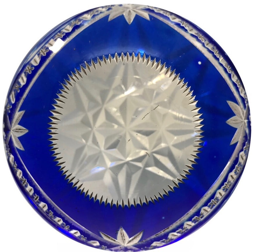 Antique Val St Lambert Art Glass Paperweight Fancy Faceted Blue Flash Overlay