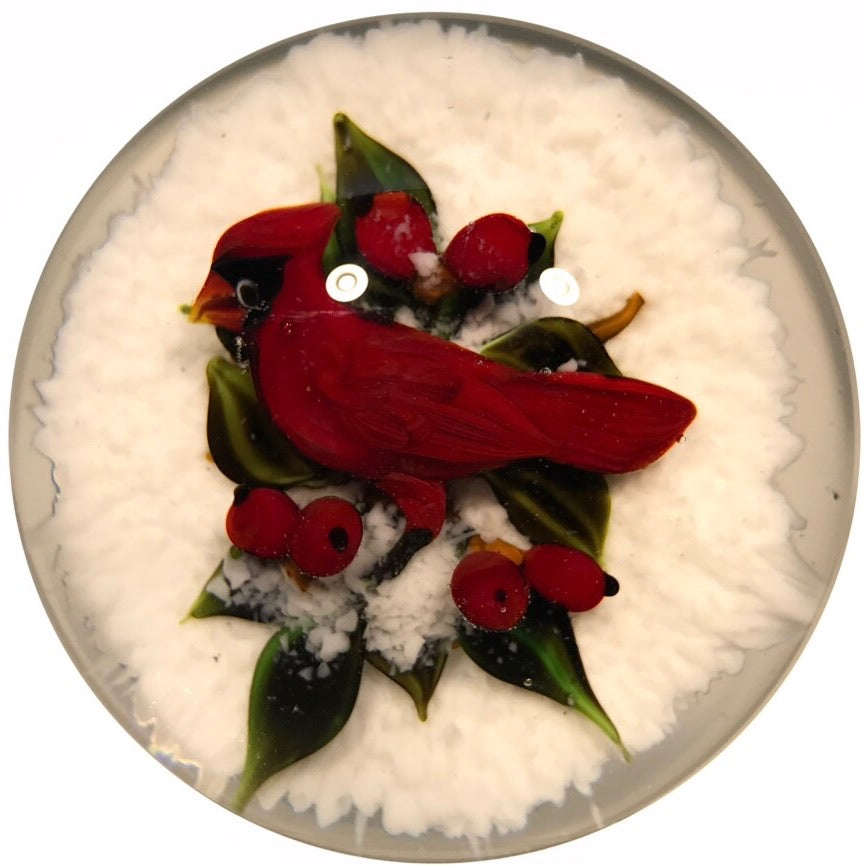 Signed Rick Ayotte Art Glass Paperweight Lampwork Cardinal w/ Red Berries & White Snow