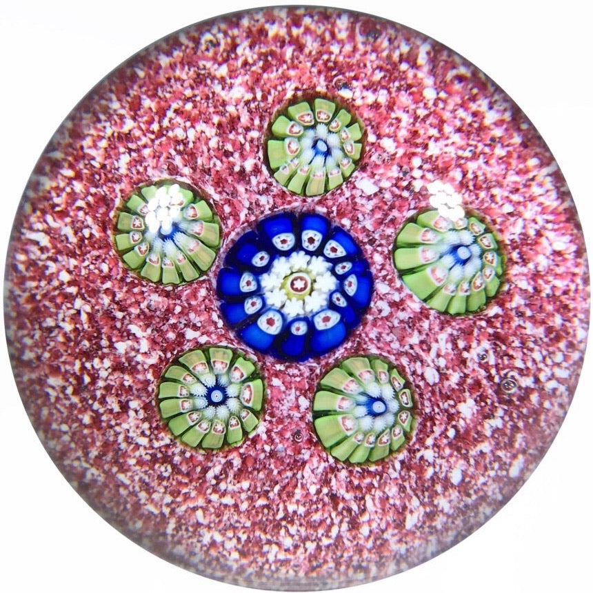 Antique Saint Louis Miniature Art Glass Paperweight Spaced Millefiori Red Jasper Ground