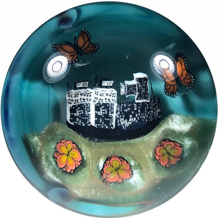 Malachi Wilkinson & "Piper" Dan Benway Colab Art Glass Paperweight with Murrine Skyline, Flowers, & Butterfly