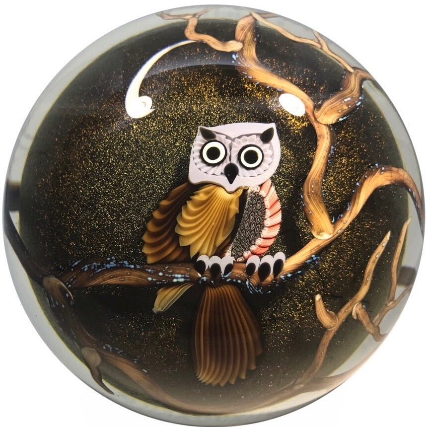 Orient & Flume Ed Alexander Art Glass Paperweight Millefiori Breasted Lampwork Owl