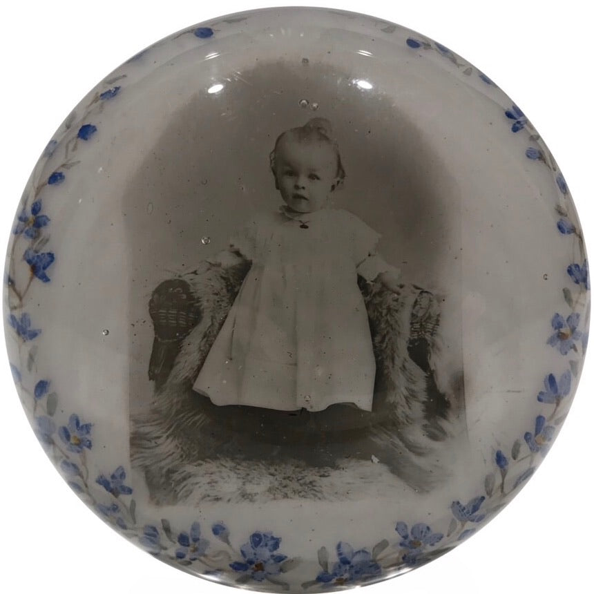 Antique Albert Graeser Art Glass Paperweight Infant Photo Plaque & Flowers