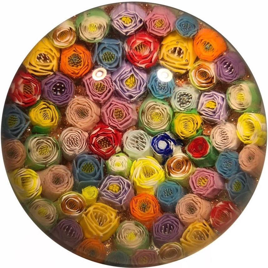 Signed James Hart Art Glass Paperweight Closepack Rose Cane Millefiori