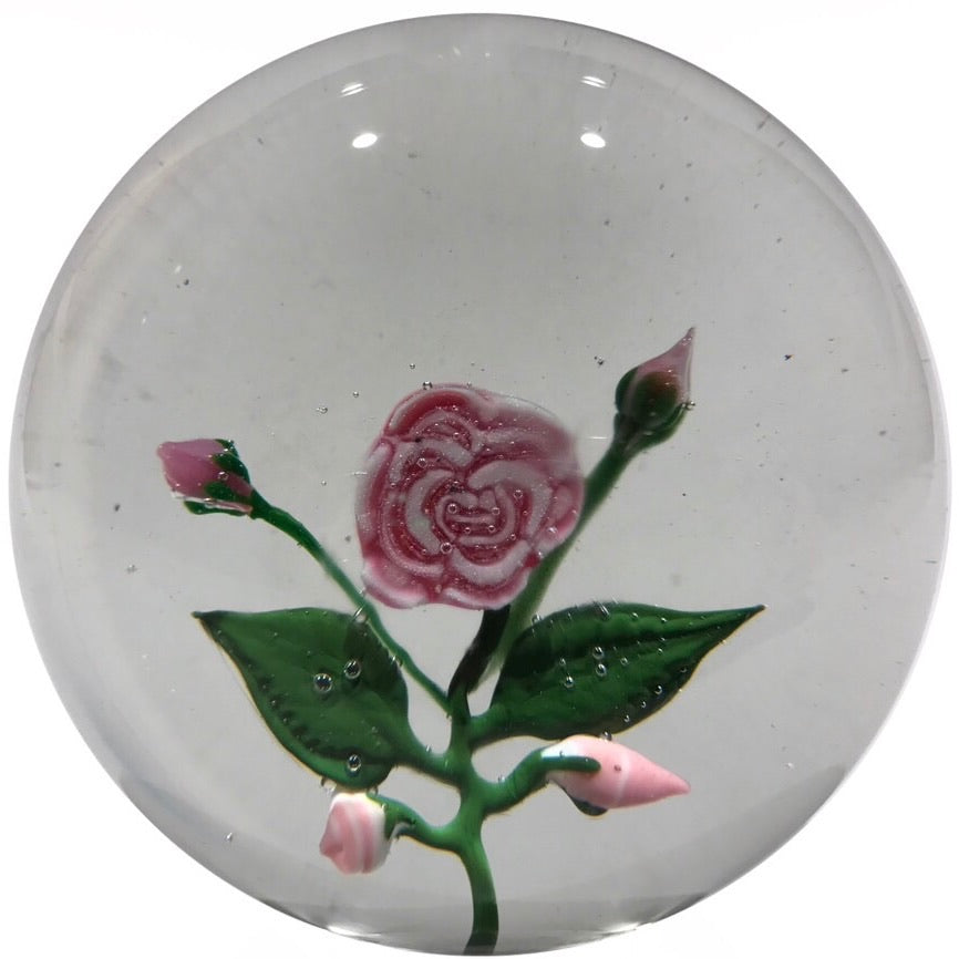 Vintage Harold Hacker Art Glass Paperweight Rose Large Rose Murrine Bouquet