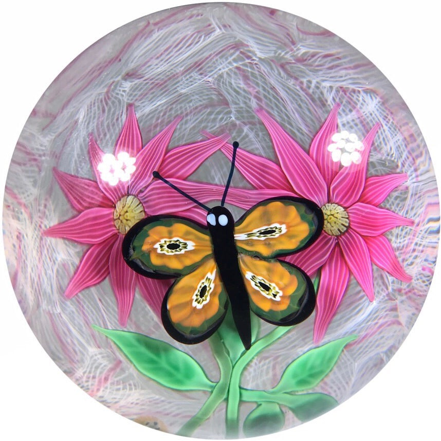 Baccarat 1970 Art Glass Paperweight Lampwork Flowers & Millefiori Butterfly