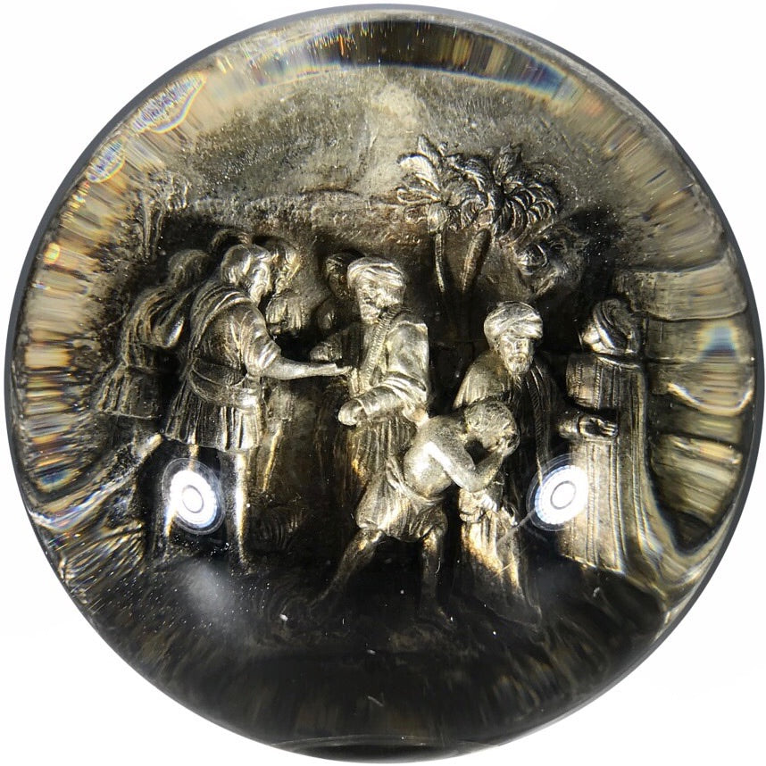 Antique French Pinchbeck Art Glass Paperweight Dimensional Trade Scene with Marble Base