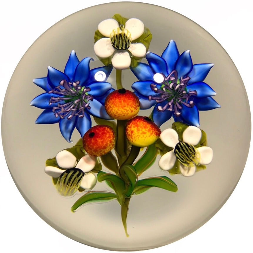 Signed Ken Rosenfeld Art Glass Paperweight Three Dimensional Lampwork Flower Bouquet